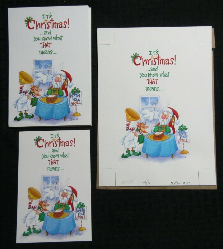 CHRISTMAS Santa Claus w/ Elf & Cake 7x9.5 Greeting Card Art #X7027 w/ 10 Cards 