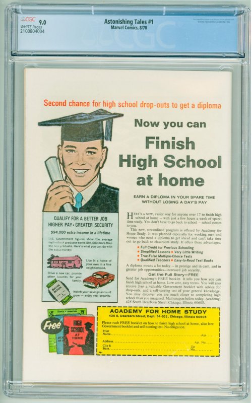 Astonishing Tales #1 (1970) CGC 9.0! White Pages!