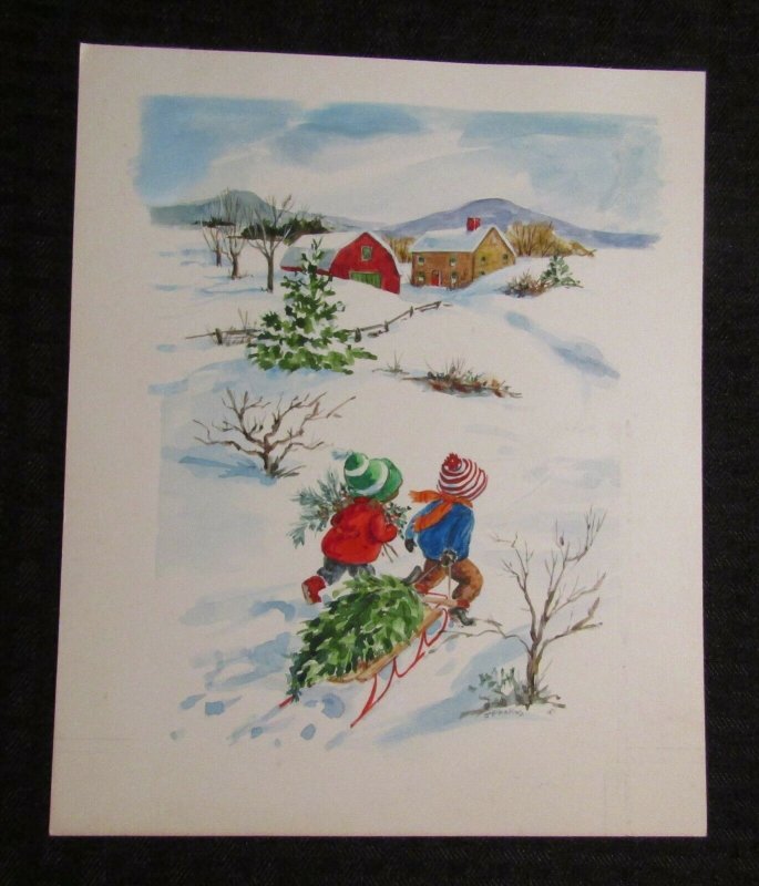 CHRISTMAS Children Bringing Tree Home in Sled 7.25x9 Greeting Card Art #285