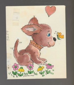 VALENTINES Cartoon Dog with Heart & Butterfly 3.75x4.75 Greeting Card Art #V3259
