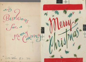 MERRY CHRISTMAS Best Wishes Lettering 6.25x9.25 Greeting Card Art LOT of 2