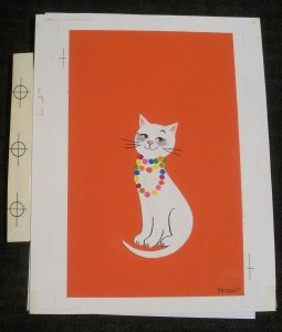 VALENTINE Cartoon White Cat w/ Colorful Necklace 5.5x7 Greeting Card Art #V3552