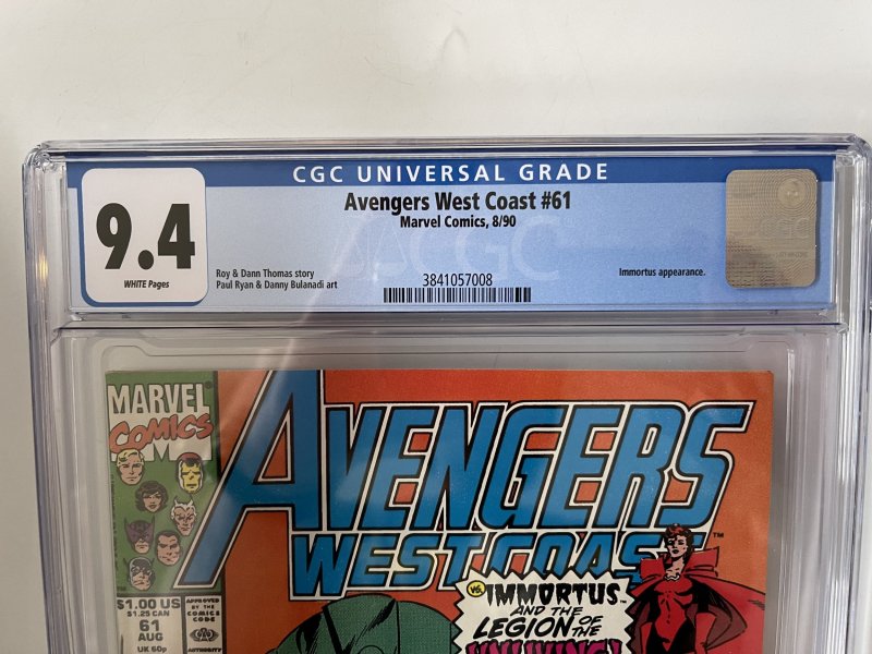 AVENGERS WEST COAST #61 Cameo Time Keepers Origin Kang (CGC 9.4) Beautiful KEY