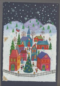 MERRY CHRISTMAS Colorful Town w/ Snow Tree & Fence 5.5x8 Greeting Card Art #EE6