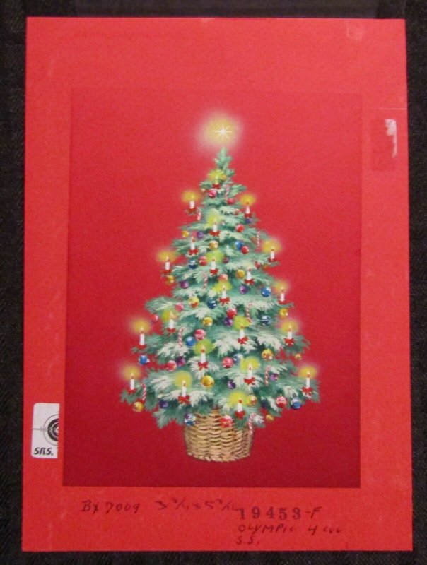 MERRY CHRISTMAS Tree in Basket with Candles 5.5x7.5 Greeting Card Art #7009