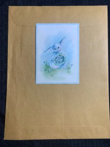 HAPPY EASTER Painted Cute Rabbit with Flowers 4x5.5 Greeting Card Art E2234