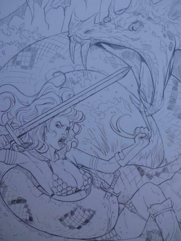 NEI RUFFINO original art, Cover of RED SONJA #8, Signed, 2014, 11x17, vs Snake