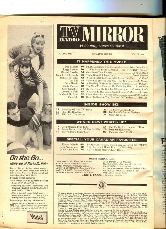 TV Radio Mirror-Ted-Joan Kennedy-Tiny Tim-Michael Landon-Dean Martin-Oct-1968