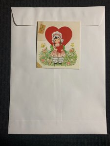 VALENTINES DAY Cute Girl in Bonnet w/ Heart 4x4.5 Greeting Card Art V3426