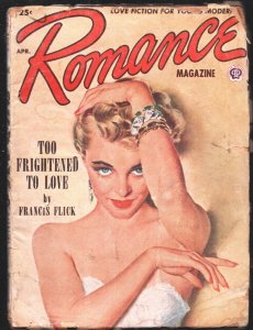 Romance 4/1954-blonde lady portrait cover-Frances Flick-Grace Mack-Nicki Stevens