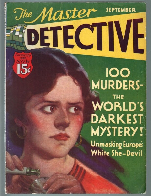 MASTER DETECTIVE SEP 1932-BRUNETTE POISONS DRINK ON CVR-WILD!-CRIME-PULP VG/FN