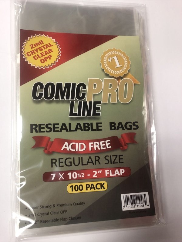 100 Comic Book Bags Regular Size 7 X10 1/2” - 1 1/2 Resealable 2mil Crystal  OPP