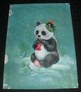 CHRISTMAS Panda Playing Trumpet w/ WReath 5.5x7.5 Greeting Card Art #514