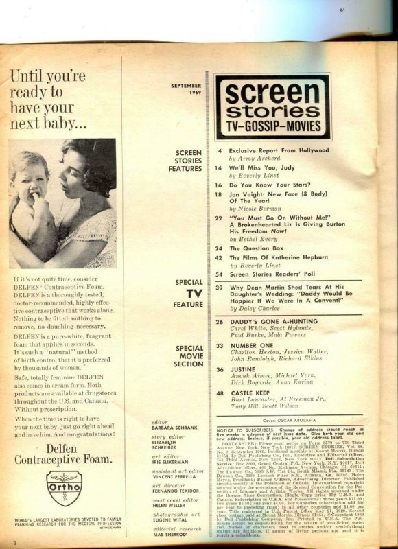 Screen Stories-Liz Taylor-Richard Burton-Burt Lancaster-Michael York-Sept-1969