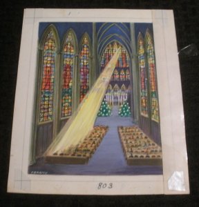 MERRY CHRISTMAS Church w/ Stained Glass Sunbeam 7x8.5 Greeting Card Art #2702