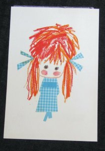 JUST ME Cute Girl in Blue Dress & Pigtails 5x7 Greeting Card Art #M1477