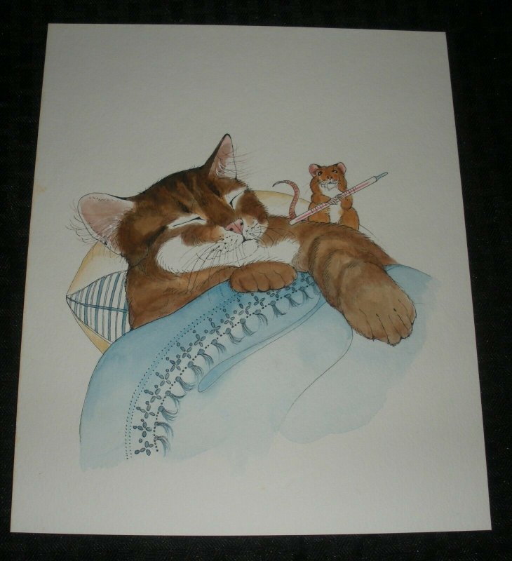 GET WELL SOON Sick Cat w/ Mouse 8.5x10.5 Greeting Card Art #1605