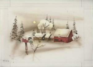 MERRY CHRISTMAS Farm Barn & Mailbox Color Rough 12x9.5 Greeting Card Art #25678