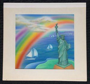 STATUE OF LIBERTY with Rainbow and Sailboats 10x9 Greeting Card Art #nn