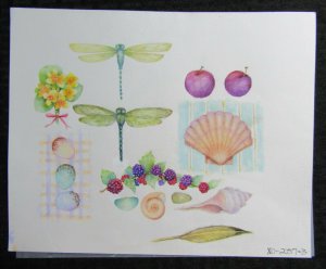 MERRY CHRISTMAS Dragonflies Sea Shells & Berries 11x9 Greeting Card Art #X20573