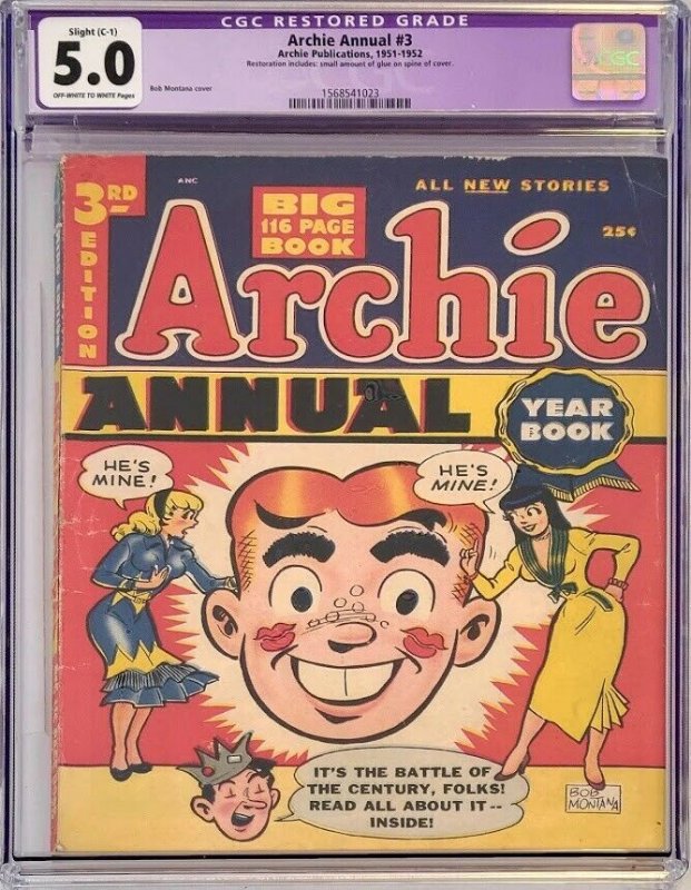 Golden Age 1952 Archie Annual #3 Bob Montana Cover CGC 5.0 Restored C1 Slight 