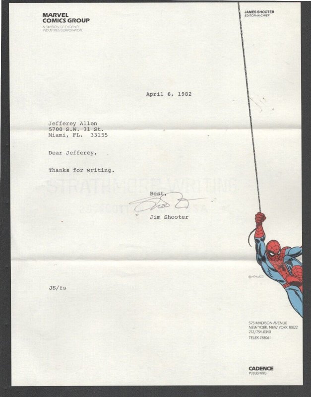 Jim Shooter Autograph on personal Marvel Comics Group Stationary 4/6/1992-wit...