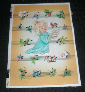 CHRISTMAS Cute Angel Girl Singing w/ Holly 5x7 Greeting Card Art #FL407