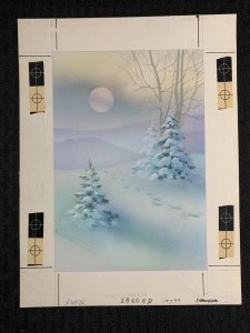 FOOTPRINTS Through Snow w/ Trees & Moon 7.5x10 Greeting Card Art #X6072