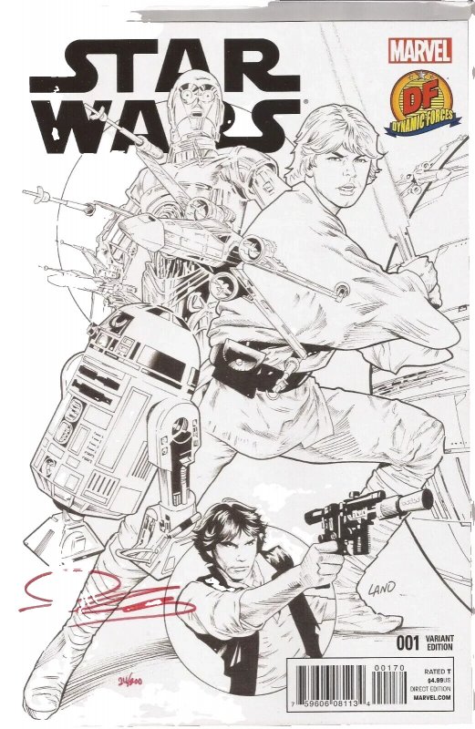 STAR WARS #1 GREG LAND SKETCH COVER SIGNED IN RED BY JOHN CASSADAY W/COA NM.