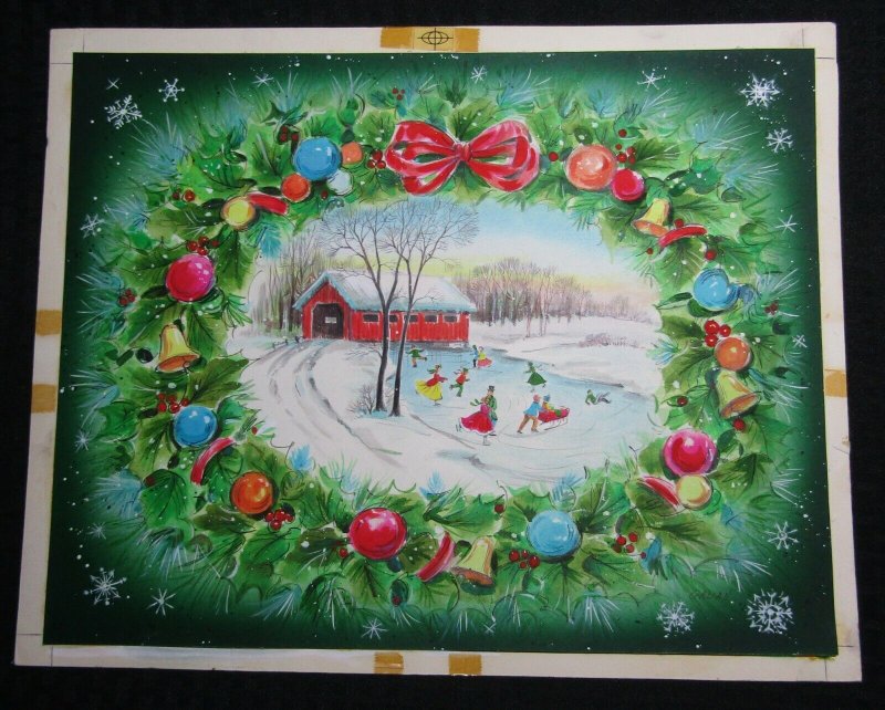 CHRISTMAS Wreath w/ Covered Bridge & Ice Skating 15x12.25 Greeting Card Art #nn