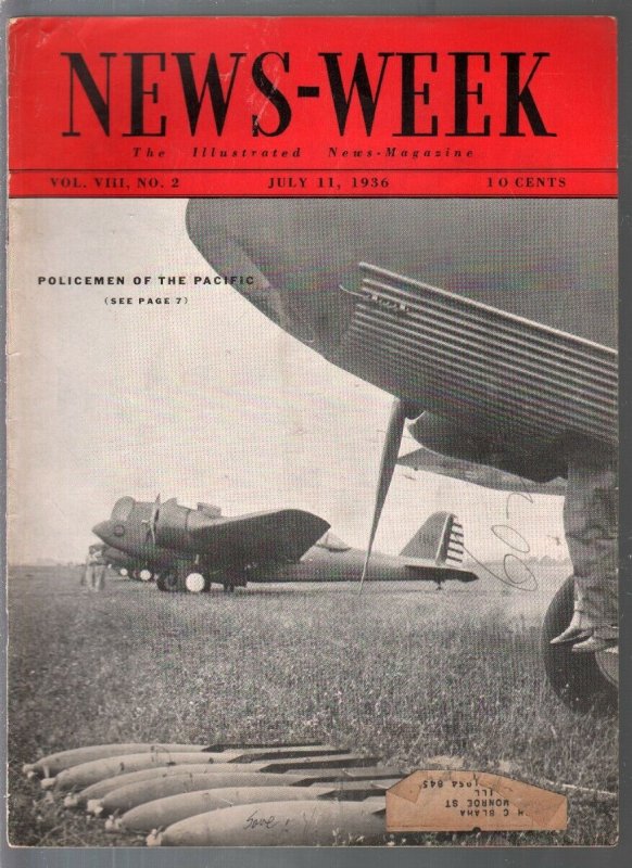 Newsweek 7/11/1936-Policemen Of The Pacific aviation cover-war map-VG