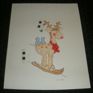 CHRISTMAS Cartoon Reindeer on Skiis w/ Birds 7x9 Greeting Card Art #25814