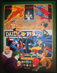 Timely Comics vs. JLA Painting Superman, Batman, Captain America art by J Hewitt