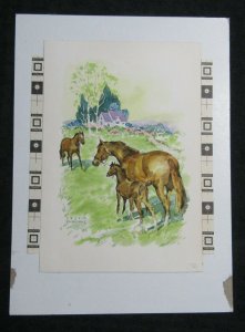 PLEASANT BIRTHDAY Horses & Foal in Meadow 7x9.5 Greeting Card Art #B8404