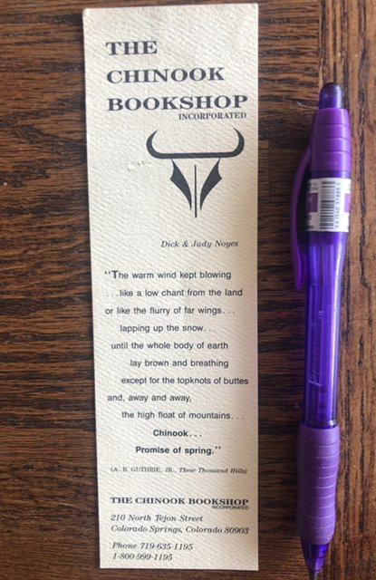 Chinook book shop bookmark, CO.Springs!Co..tiny indent