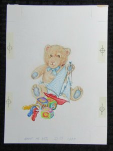 ITS A BOY Teddy Bear with Blocks Boat & Keys 7x9.5 Greeting Card Art #1887B