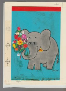 VALENTINE Cartoon Elephant woth Flower Bouquet 5.25x7 Greeting Card Art #V3515