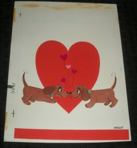 VALENTINES Cartoon Dogs Rubbing Noses & Hearts 6.5x8.5 Greeting Card Art #3220