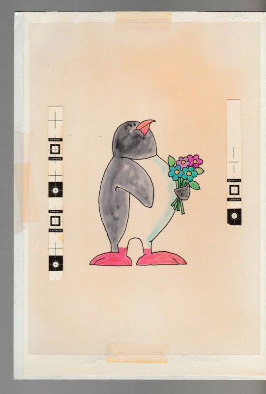 IT'LL BE A COLD DAY Cartoon Penguin w/ Flowers 7x9.5 Greeting Card Art #B8050