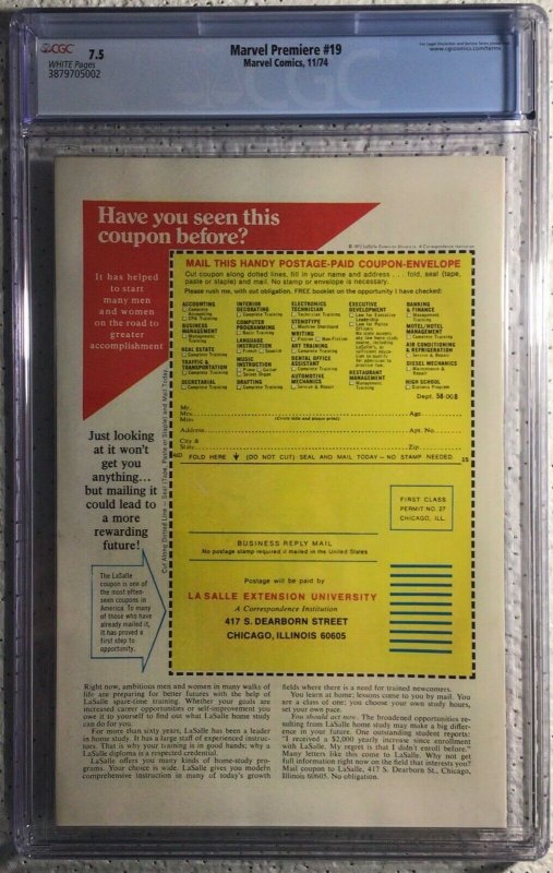 Marvel, Marvel Premiere #19, CGC 7.5, 1st Colleen Wig, Look!