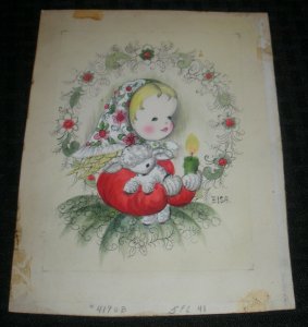 CHRISTMAS Cute Girl w/ Candle & White Lamb 6.25x8.25 Greeting Card Art #FL41