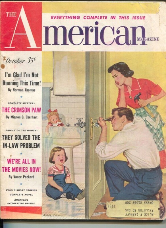 American Magazine 10/1952- pulp fiction-classic car ads-VG