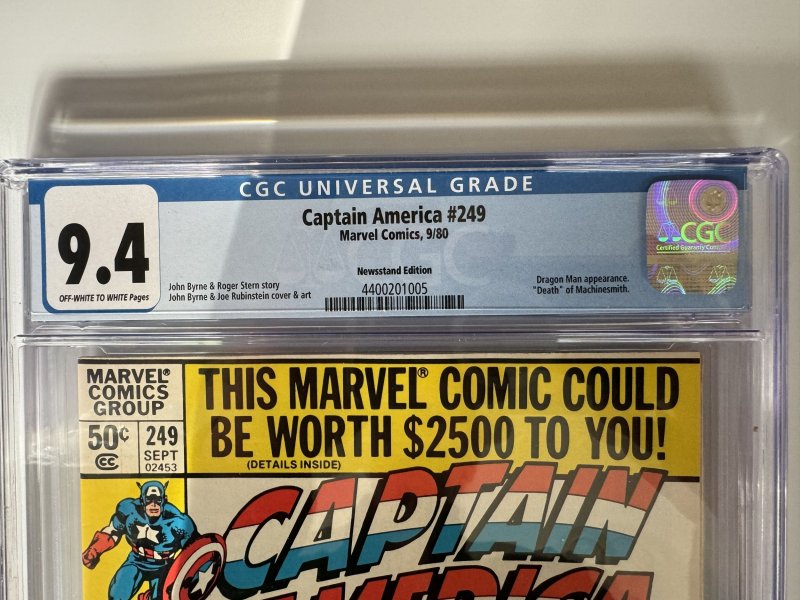 Captain America #249 CGC 9.4 Newsstand  Dragon Man appearance! (1980)