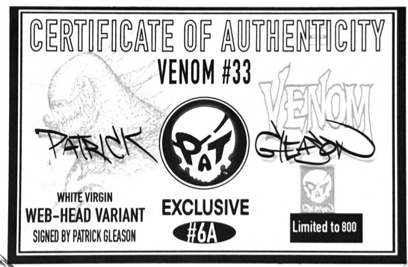 Venom #33 Patrick Gleason Secret White Webhead Variant SIGNED W/COA NM.