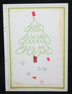 Original Christmas Greeting Card Painted Art - 1975 X-Mas Tree with 8 Birds