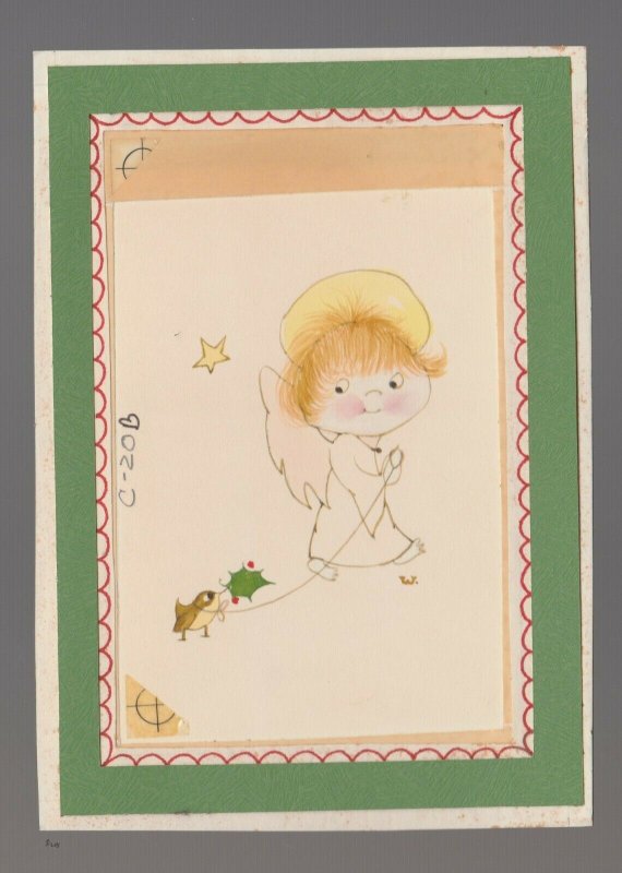 MERRY CHRISTMAS Cute Angel w/ Bird on String 4.5x6 Greeting Card Art #C20