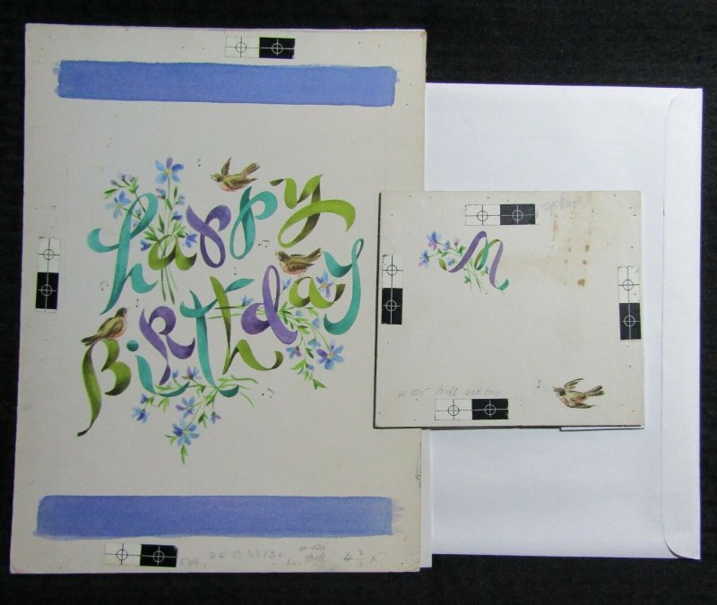 HAPPY BIRTHDAY Ribbon Lettering w/ Birds 2pcs 9.5x13 Greeting Card Art #8813