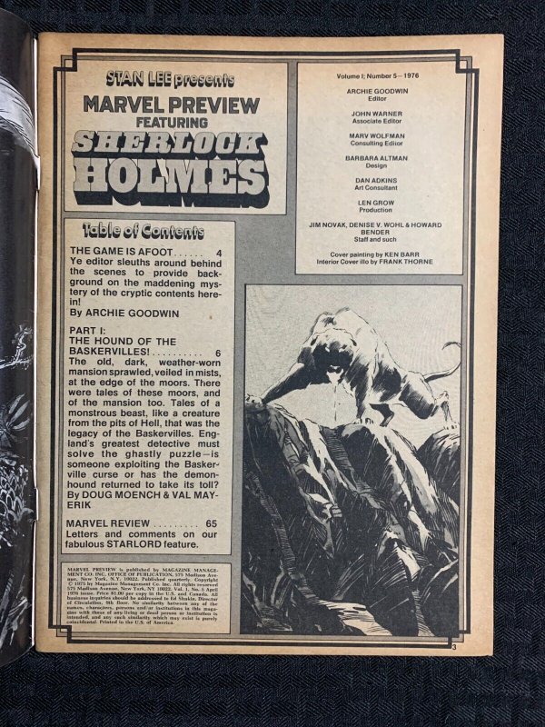 1976 MARVEL PREVIEW Magazine #5 VG/FN 5.0 Sherlock Holmes / The Hound From Hell