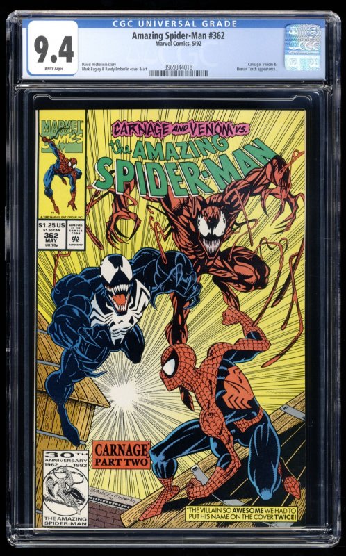 Amazing Spider-Man #362 CGC NM 9.4 White Pages 2nd Carnage!