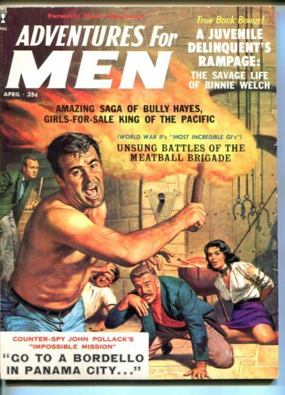 ADVENTURES FOR MEN-APR-1959-PULP THRILLS-BEAST MAN-DELINQUENTS-CHEESECAKE-vg